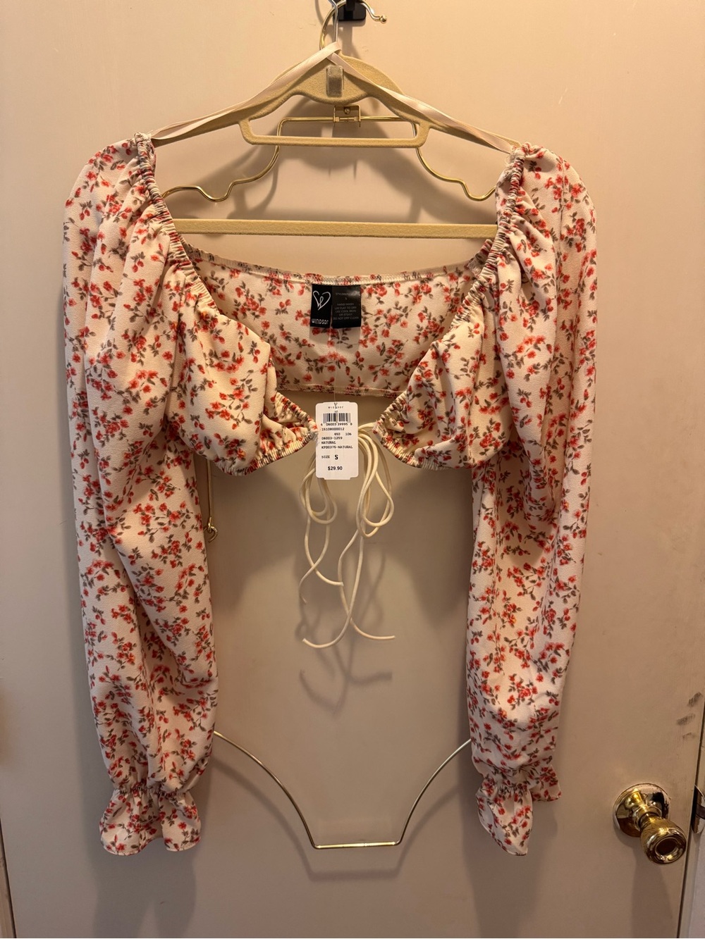 Windsor Cream Cropped Blouse with Red Floral Print